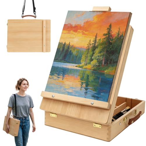 Tabletop Easel for Painting, Adjustable Beechwood Sketchbox with Large Capacity Storage, Portable Desktop Art Easel Stand, Travel Station with Detachable Shoulder Strap for Adults, Artists & Beginners