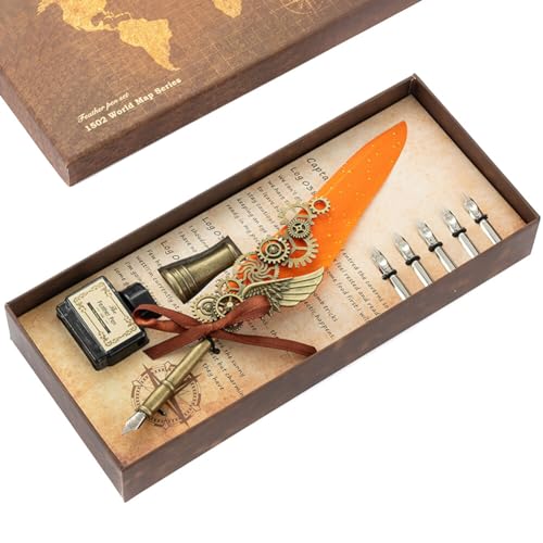 Surakey Orange Feather Quill Pen Vintage Feather Dip Ink Pen Set with Pen Holder and Replacement Nibs Ink Copper Pen Stem Writing Quill Pen Calligraphy Pen for Letters Homework Diary Handwriting
