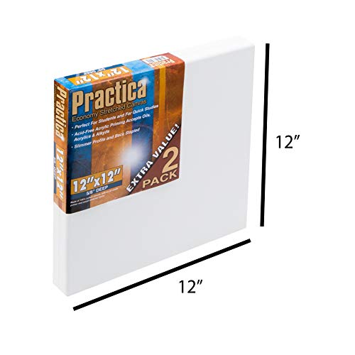 Practica Economy Stretched Cotton Canvas 20-Pack, 12x12 - Acid-Free Acrylic Primed Canvas for Acrylics, Pastels, Graphite, & More! - size: 12" x 12"