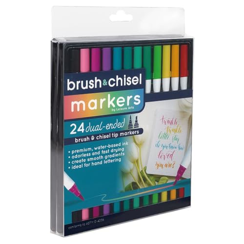 LEISURE ARTS Dual Tip Marker Brush/Chisel, Assorted, 24Pc, Coloring Markers, Coloring Markers For Adults, Art Markers, Marker Set, Adult Book Markers