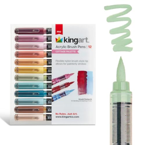 KINGART 12-Piece Cottage Acrylic Paint Brush Tip Marker Set – Flexible Fiber Brush Tips – Smooth Opaque Water-Based Ink for Detailed Nature Illustration and Crafts – 12 Muted Cottage Colors - color: Cottage