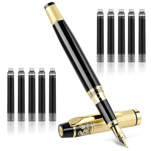 JIEYAO Metal Fountain Pens Set, 0.5mm Luxury Fine Point Fountain Pen, With 10 2.6mm Ink Cartridges & Ink Refill Converter Smooth Writing Business Pens Calligraphy Pen for Office School Supplies Gift