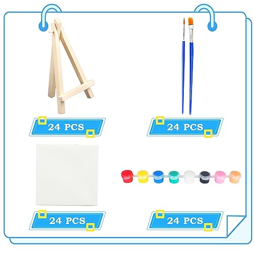 24 Set Mini Canvas Paint and Easel Set Art Painting Kits Includes 4x4 Inch Canvas Boards,Paint Brushes,8 Colors Acrylic Paint, Art Set Gifts, for Oil Painting Crafts Party