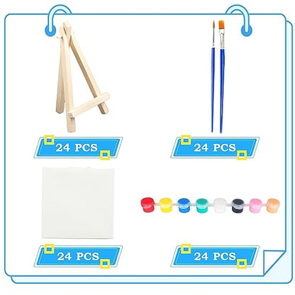 24 Set Mini Canvas Paint and Easel Set Art Painting Kits Includes 4x4 Inch Canvas Boards,Paint Brushes,8 Colors Acrylic Paint, Art Set Gifts, for Oil Painting Crafts Party