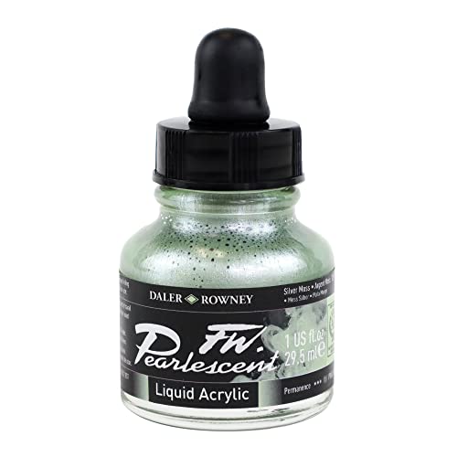 Daler-Rowney FW Pearlescent Acrylic Ink Bottle Silver Moss - Acrylic Drawing Ink for Artists and Students - Permanent Calligraphy Ink - Archival Ink for Illustrating and More