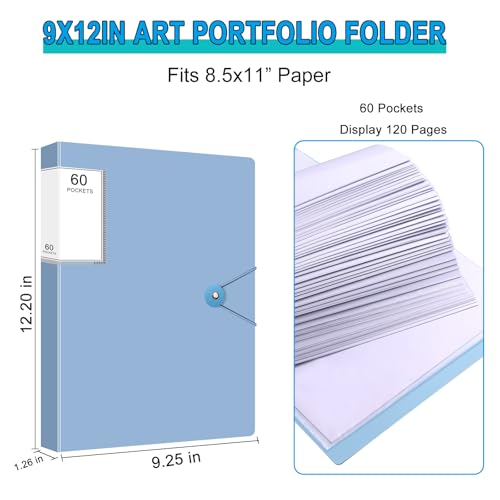 Art Portfolio Folder, Binder with Plastic Sleeves 60 Pocket 120 Pages Display Book, Presentation Folder for Artwork Office, Blue - color: Blue