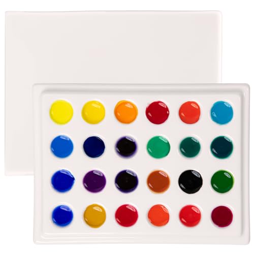 MEEDEN 24-Well Ceramic Watercolor Paint Palette with Cover, Porcelain Mixing Artist Palette 6 by 4-1/2 inch for Artist Watercolor Gouache Painting Coloring - size: 24-well