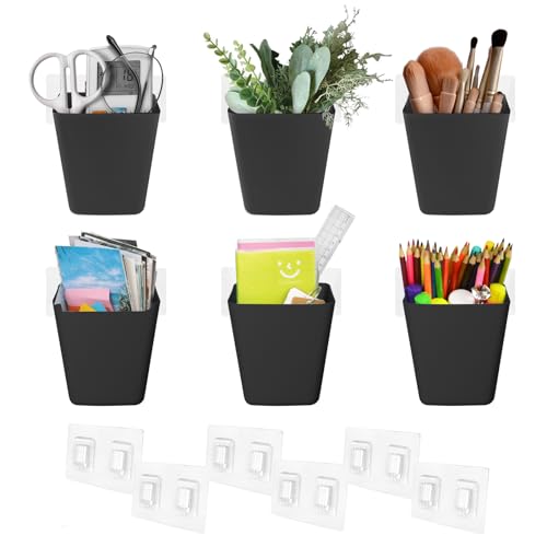 Wall Caddy Pen Holders, 6 Pack Large Pencil Cups Organizer for Marker / Remote / Crayon / White Board Accessories, with Adhesive Stickers, Office Home Craft Class Kids Room Art Organization (Black) - color: Black