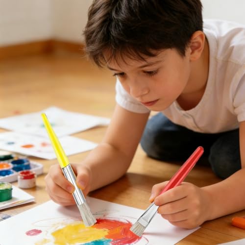 54 Pcs Paint Brushes for Kids, Bulk Kids Paint Brushes Set with 27 Flat & 27 Round Bristle Brushes, Easy-Grip Toddler Paint Brushes for Acrylic, Watercolor, Gouache & Washable Paint