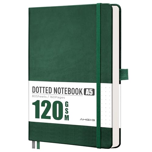 AHGXG Dotted Journal Notebook, 160 Numbered Pages, A5 Medium Size (5.7'' x 8.3''), 120 GSM Thick Paper, Leather Hardcover, for Journaling, Planning, Tracking (Dark Green) - color: Dark Green, style: Dotted
