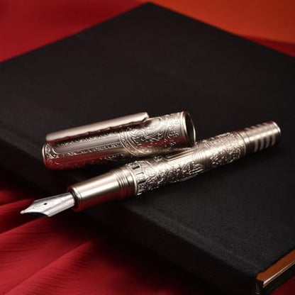 Hongdian 100 Silver Steel Piston Fountain Pen, Iridium Long Blade Fine Nib Calligraphy, Smooth Writing Pens, Nice Writing Pen for Men & Women - color: Silver-100, style: Long Blade Point