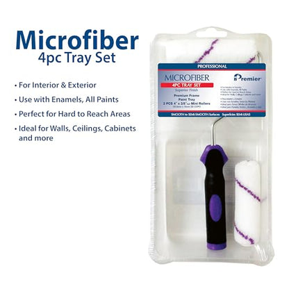 Premier, 44361, 4-Piece 4" Microfiber Mini Paint Roller Kit | Complete 4-piece kit featuring 4" microfiber mini paint rollers engineered for maximum paint pick-up and a flawless finish