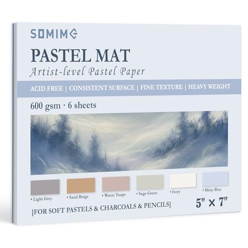 Somime 5x7 Sanded Pastel Paper Pad for Artists, 6 Sheets of 6 Assorted Light Colors Heavyweight Drawing Paper Pad for Pencils and Soft Oil Charcoal Pastels - size: 5x7 6 sheets