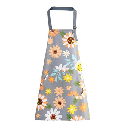 Floral Aprons with Pocket Blooming Women Waterproof Apron Adjustable Neck Long Ties Women Men Cook Baking Garden - color: Sunflower Grey