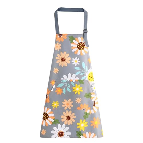 Floral Aprons with Pocket Blooming Women Waterproof Apron Adjustable Neck Long Ties Women Men Cook Baking Garden - color: Sunflower Grey