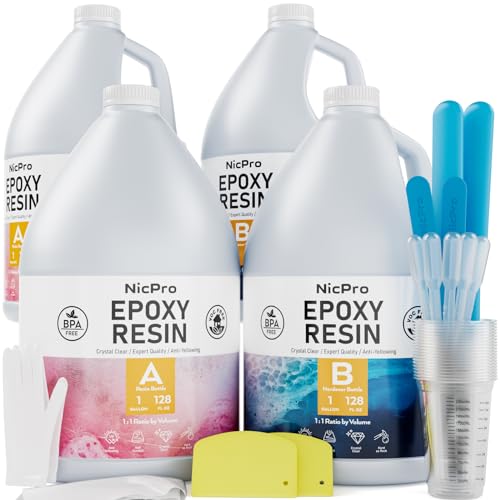 Nicpro 4 Gallon Crystal Clear Epoxy Resin Kit, High Gloss & Bubbles Free Resin Supplies for Coating and Casting, Craft DIY, Wood, Table Top, Bar Top, Molds, River Tables with Cups, Sticks, Gloves - size: 4 gallon