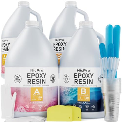 Nicpro 4 Gallon Crystal Clear Epoxy Resin Kit, High Gloss & Bubbles Free Resin Supplies for Coating and Casting, Craft DIY, Wood, Table Top, Bar Top, Molds, River Tables with Cups, Sticks, Gloves - size: 4 gallon