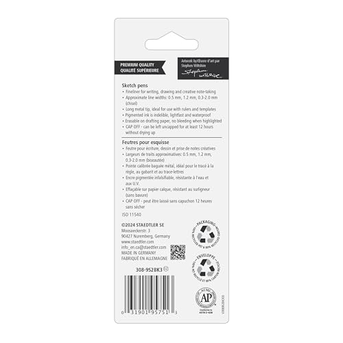 Staedtler Pigment Liner Pack, Black, 3 Pens, Assorted Line Widths 0.5mm/1.2mm/Chisel, 308-9S2BK3