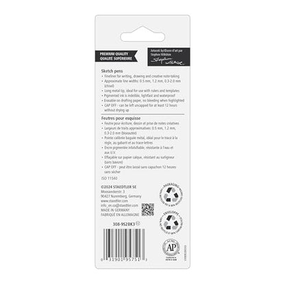Staedtler Pigment Liner Pack, Black, 3 Pens, Assorted Line Widths 0.5mm/1.2mm/Chisel, 308-9S2BK3