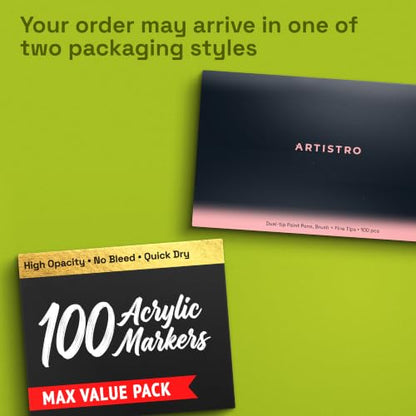 ARTISTRO 100 Acrylic Glass Paint Markers - Paint Pens for Glass Marking, Rock Painting, Ceramic, Wood, Fabric, DIY, Craft, Canvas - Art and Craft Supplies for Adults, Teens, Kids (Brush + Fine Tips) - style: Dual Tip Brush + Fine
