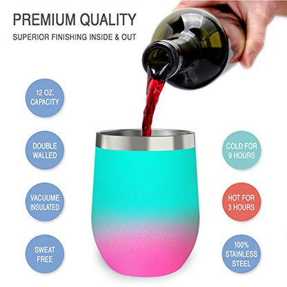 CHILLOUT LIFE 12 oz Stainless Steel Wine Tumbler with Lid - Double Wall Vacuum Insulated Wine Cup Glass Keeping Cold & Hot for Coffee, Champagne, Cocktails, Ice Cream - Powder Coated Aqua Blue/Pink - color: Frozen Slushy, style: 1 Pack