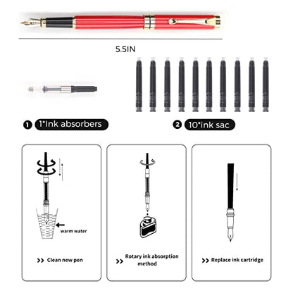 Tiankool Luxury Fountain Pen,Fine Nib, Exquisite Pen Gift Set for Men&Women-Includes 10 Ink Cartridges&Ink Converter- Nice Pens - Red - color: Red