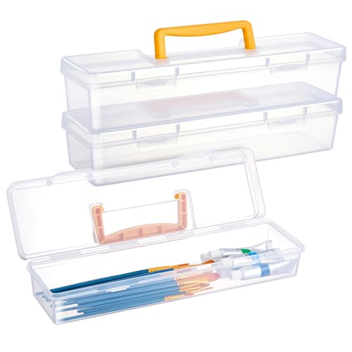 Gerrii 3 Pack Paint Brush Storage Box Portable 13 Inch Long Paintbrush Drawing Tools Pencils Container Case with Handle Clear Paint Brush Organizer Holder for Artist Craft Art School Supplies