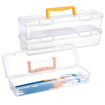 Gerrii 3 Pack Paint Brush Storage Box Portable 13 Inch Long Paintbrush Drawing Tools Pencils Container Case with Handle Clear Paint Brush Organizer Holder for Artist Craft Art School Supplies