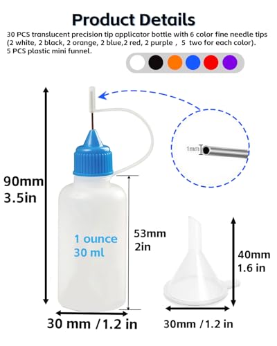 LJY Precision Applicator Bottle Set 1 Oz. - 30 Needle Tip Squeeze Bottles and 5pcs Mini Funnels for Acrylic Painting, DIY Quilling and Paper Craft