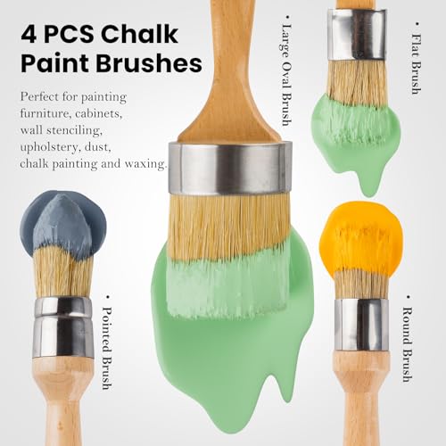 Chalk and Wax Paint Brush Furniture Set of 4, Small Round and Large Oval Brush with Natural Bristles, Perfect for Painting or Waxing Furniture, Ideal for Home Decor - size: 1 Large Oval + 3 Small Round, 4 Pack