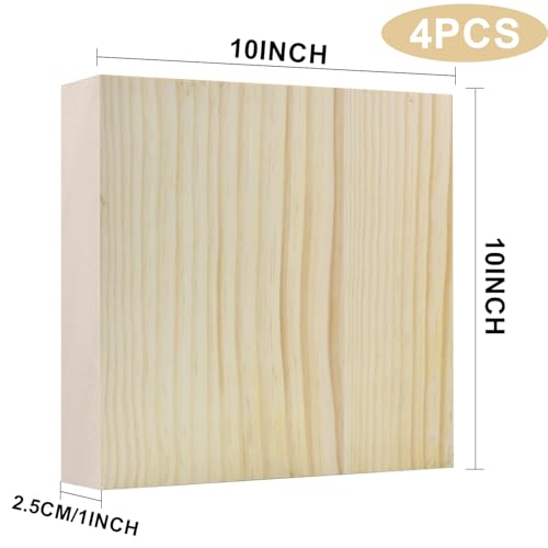 4 PCS Solid Wood Blocks, 10 x 10 x 1 Inch One-Piece Unfinished Wood Panels for Wood Burning, Laser Engraving, Painting, DIY Signs, Home Decor and Craft Projects - size: 10x10x1 Inch