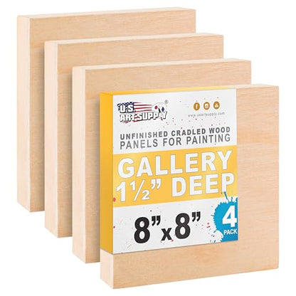 U.S. Art Supply 8" x 8" Unfinished Cradled Wood Panels for Painting, Gallery 1-1/2" Deep (4 Pack) - Artist Depth Wooden Wall Canvases - Mixed-Media Craft, Acrylic, Oil, Encaustic, Paint Pouring - size: 8" x 8", style: Square
