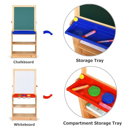 Dual-Sided Magnetic Art Easel, Wooden Activity Station w/ 2-Tier Storage Cabinet, Art Center for Toddlers, Classroom Whiteboard & Chalkboard