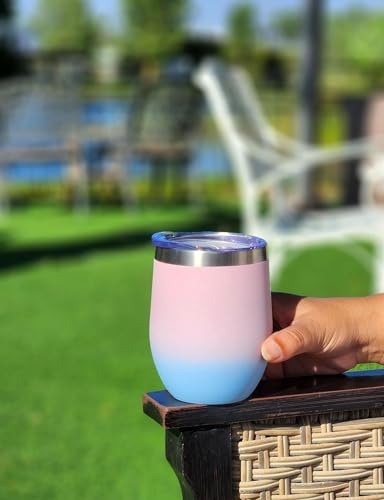 CHILLOUT LIFE 12 oz Stainless Steel Wine Tumbler with Lid - Double Wall Vacuum Insulated Wine Cup Glass Keeping Cold & Hot for Coffee, Champagne, Cocktails, Ice Cream - Powder Coated Pink/Teal - color: Cotton Candy, style: 1 Pack