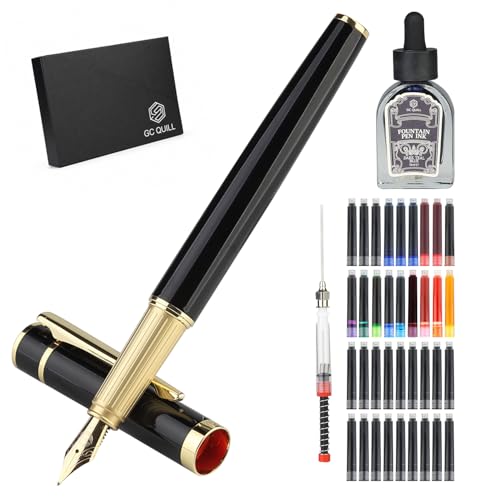 Fountain Pen Set, Elegant Executive Fine Nib Pen with Ink Converter, Refill Tool, Black & Assorted Cartridges, Bottled Ink, Gift for Journaling, Writing, Office and Beginners (Black & Gold) - color: Black & Gold