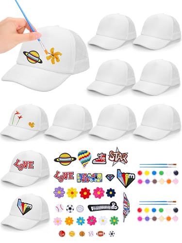 Aneco DIY Blank Trucker Hats Kit Adjustable Baseball Caps | Embroidered Patches, Paint Tools Included, Craft Kit, Sports Events, Group Activity, Party Favor - color: White