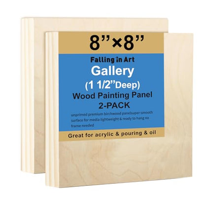 Falling in Art 2 Pack Unfinished Wooden Canvas Panels, 8x8 Gallery Birch Wood Panels Kit, 1 1/2" Deep Art Cradle Boards for Acrylic Painting, Pouring and Burning - size: 8*8 2 Pack