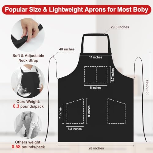 SHEOMERN 3 Pcs Dual Waterproof Oilproof Kitchen Chef Aprons with 4 Pockets for Men Women, Adjustable Soft Anti-Tear Cooking Bib Apron for Baking Grilling BBQ Painting Cleaning (Black) - color: Black