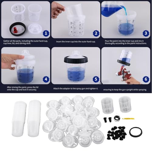 CHICIRIS Disposable Paint Cup Kit 600ml 20 Ounce, with 50 Inner Cups 50 Lid Covers 2 Outer Cups Seal Ring 20 Sealing Plugs 2 Spray Gun Adapters PTFE Tape Mixing Stick, for Automotive