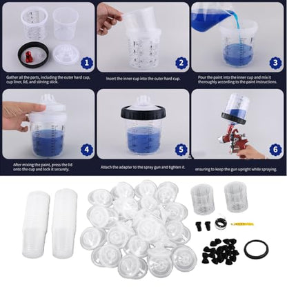 CHICIRIS Disposable Paint Cup Kit 600ml 20 Ounce, with 50 Inner Cups 50 Lid Covers 2 Outer Cups Seal Ring 20 Sealing Plugs 2 Spray Gun Adapters PTFE Tape Mixing Stick, for Automotive