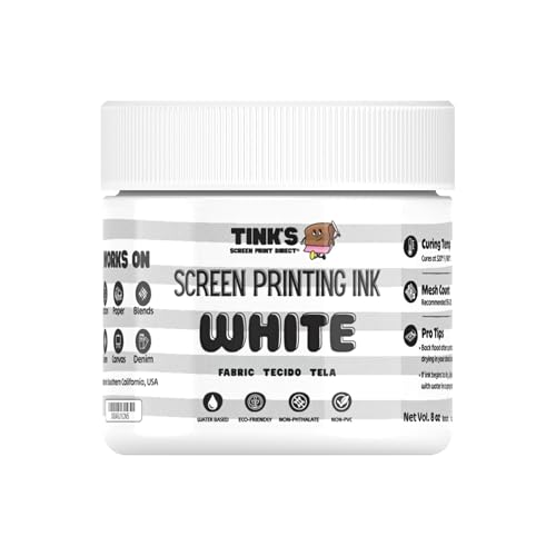 Tinks Screen Printing Ink - White - 8oz Water-Based Fabric Ink - Screen Printing, Stenciling, Tote Bags & Fabric Stamping - Non-Toxic, No Harsh Fumes, Soap & Water Cleanup - Made in California - color: White