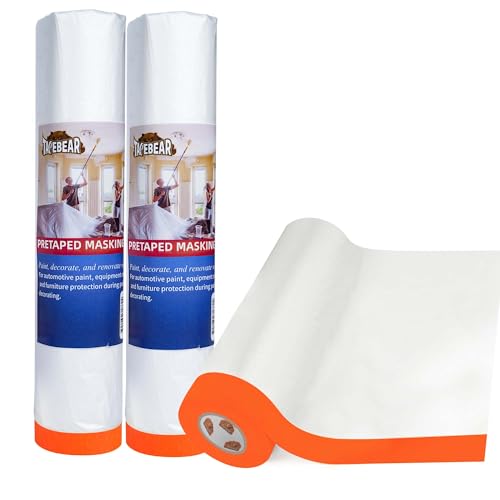 TAPEBEAR Pre-Taped Masking Film, 102" x 56Feet x 3Roll Plastic Sheeting Cover for Painting, Tape and Drape, Painters Masking Tape Film Plastic Drop Cloths for Auto, Appliance and Furniture - size: 2700mm x 17m x 3Rolls