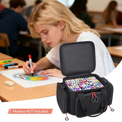 Large Marker Organizer Case for 200-300 Markers, Art Marker Storage Bag with Removable Dividers & 4 Pockets for Paint Markers, Shoulder Strap, Pencil Alcohol Marker Holder