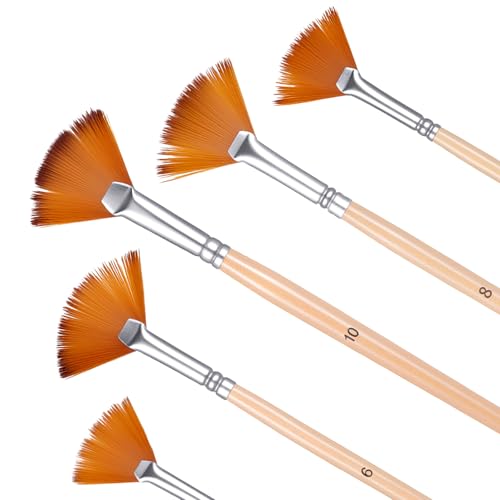 Fan Brush for Painting, 5 Pcs Fan Brush Set Long Wood Handle Paint Brushes Soft Anti-Shedding Professional Artist Painting Brushes for Acrylic Oil Watercolor Gouche Kits(2#, 4#, 6#, 8#, 10#)