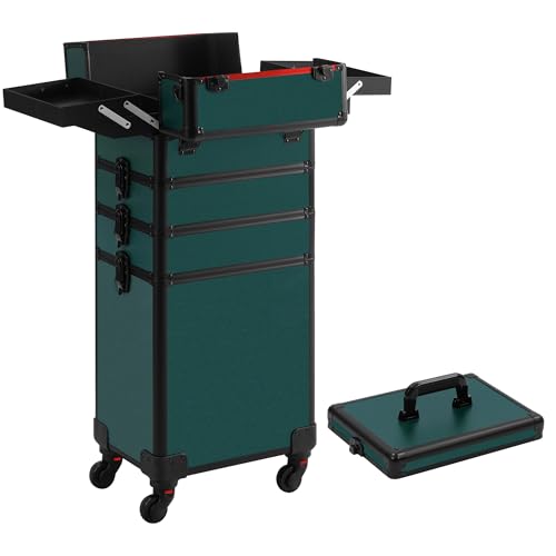 Somduy Makeup Train Case, Rolling Makeup Case with Lid, 5 in 1 Cosmetology Case on Wheels, Christmas Gift, Large Makeup Case Organizers, Profesional Cosmetic Case for Salon Barber, Black Green - color: Black Green