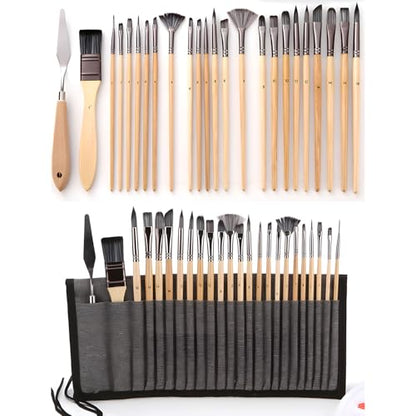 24pcs Paint Brush Set, Expert Series, 23 Different Shapes + Mixing Knife with Cloth Roll Case, Enhanced Synthetic Painting Brushes Set for Acrylic, Watercolor, Oil, Gouache (Yellow) - color: Yellow