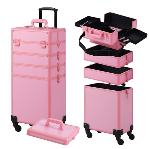 Somduy Makeup Train Case, Rolling Makeup Case with Lid, 5 in 1 Cosmetology Case on Wheels, Christmas Gift, Large Makeup Case Organizers, Profesional Cosmetic Case for Salon Barber, Pink - color: Pink