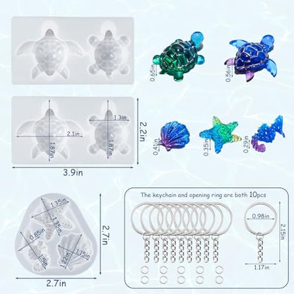 Mini Turtle Resin Molds, 7 Cavities Ocean Animal Silicone Mold, Shell Starfish Gypsum Candle Resin Casting Molds, Cute Sea Turtle Shape Epoxy Mold for DIY Craft, Keychain, Micro Landscape Decor