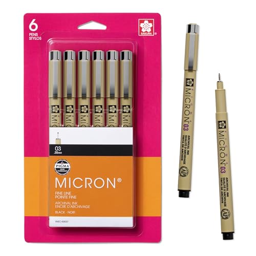 SAKURA Pigma Micron Fineliner Pens, 03 Tip Size, Archival Black Ink, 6PK 50037 - style: 03 Tip