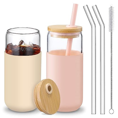VITEVER 20 OZ Glass Cups with Bamboo Lids and Straws - Beer Can Drinking Glasses with Silicone Protective Sleeve Set, Iced Coffee Glasses, Cute Tumbler Cup for Water, Tea, Gift - Pink, Amber - color: Amber Pink